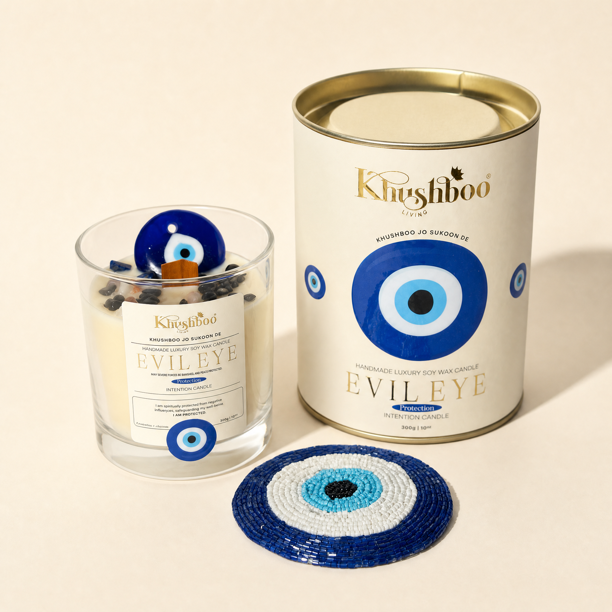 Evil Eye Blue Protection Candle with Real Gemstones & Glass Charm
